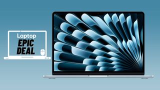 Sky blue M4 MacBook Air against turquoise gradient background.