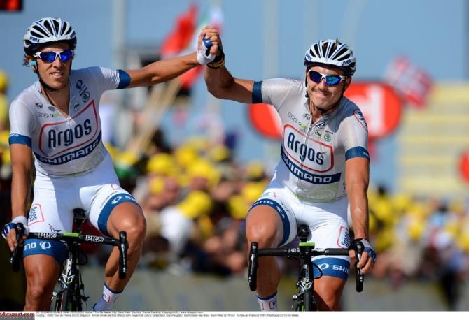 Koen de Kort and John Degenkolb celebrate Marcel Kittel's win on stage 10