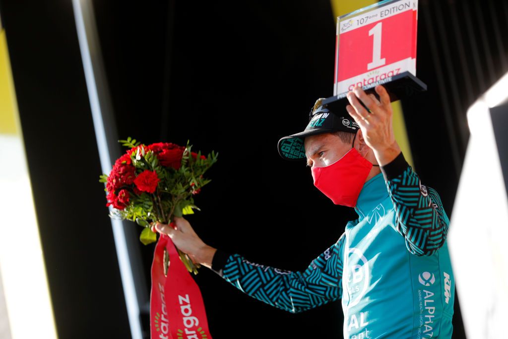 GRAND COLOMBIER FRANCE SEPTEMBER 13 Podium Pierre Rolland of France and Team BB Hotels Vital Concept Most Combative rider Celebration during the 107th Tour de France 2020 Stage 15 a 1745km stage from Lyon to Grand Colombier 1501m TDF2020 LeTour on September 13 2020 in Grand Colombier France Photo by Thibault Camus PoolGetty Images