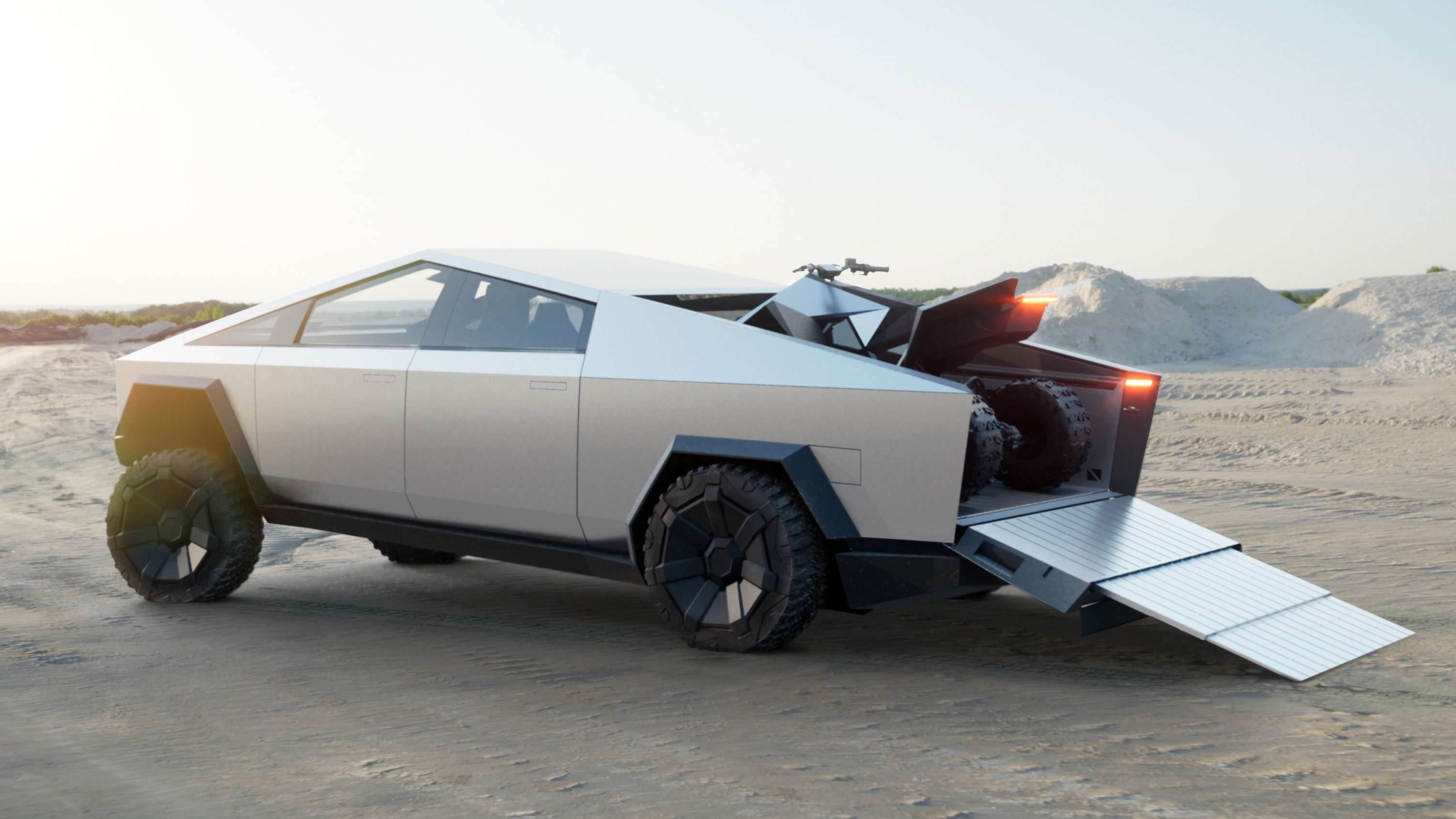 Tesla Cybertruck parked in a desert with an ATV on its flat bed