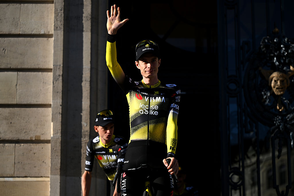 LILLE, FRANCE - JULY 03: Jonas Vingegaard of Denmark and Team Visma | Lease a Bike during the team presentation prior to the 112th Tour de France 2025 / #UCIWT / on July 03, 2025 in Lille, France. (Photo by Dario Belingheri/Getty Images)