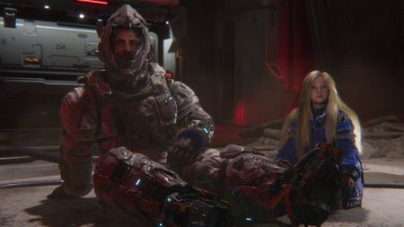 Pragmata Hugh sitting up with Diana crouched next to him