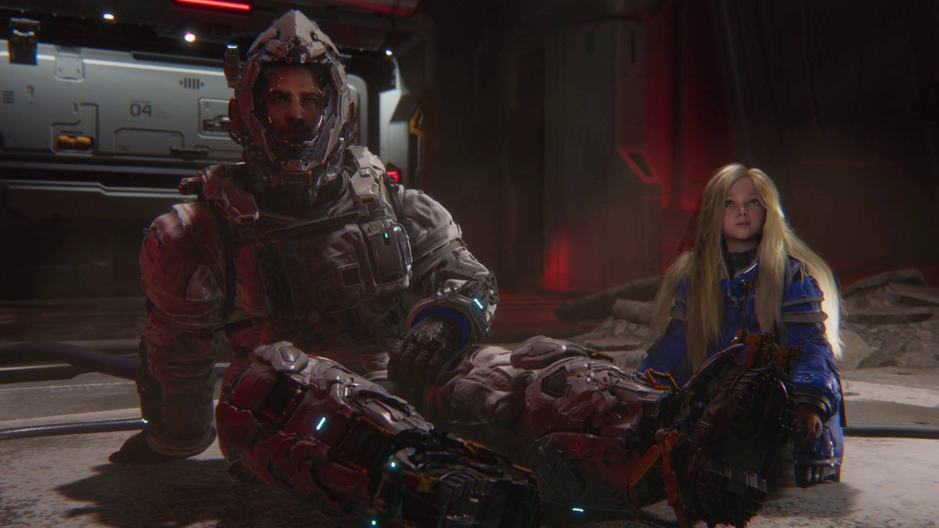 Pragmata Hugh sitting up with Diana crouched next to him