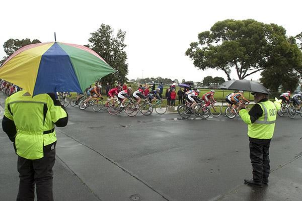 The weather wasn't good for stage one as tour motor-bike scouts sheltered from the rain whilst on duty.