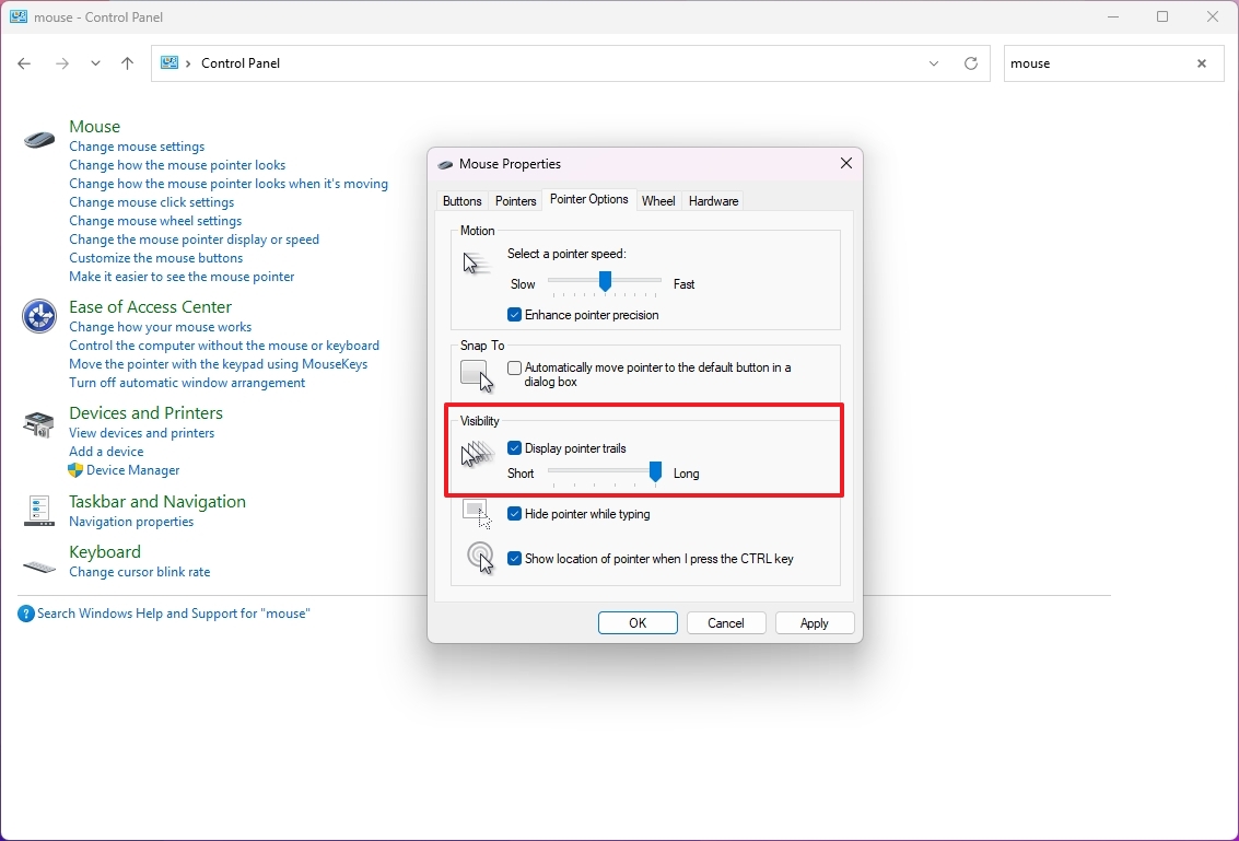 Control Panel Display pointer trail