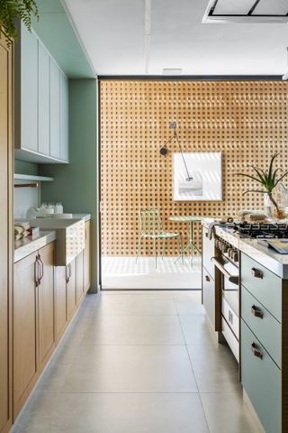 A kitchen with porcelain tiles