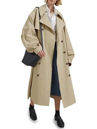 Tankaneo Zweireihiger langer Trenchcoat für Damen, übergroßer, klassischer Mantel mit Revers und Gürtel