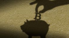 A shadow of a hand puts a Bitcoin symbol in a piggy bank