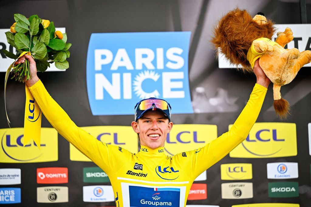 New Zealand's Laurence Pithie of Groupama-FDJ celebrates in the yellow jersey of leader in the overall ranking after the second stage of the Paris-Nice eight days cycling stage race, 177,6 km from Thoiry to Montargis, France, Monday 04 March 2024. BELGA PHOTO JASPER JACOBS (Photo by JASPER JACOBS / BELGA MAG / Belga via AFP)