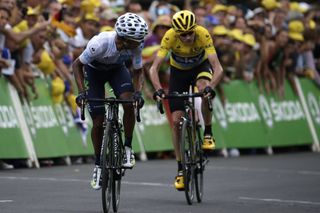 Nairo Quintana looks back at Chris Froome near the finish of stage 17.
