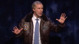Will Ferrell tells a story, while wearing a presidential jacket, in You're Welcome America: A Final Night with George W. Bush.