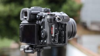 Memory card slots on a Panasonic Lumix GH7 on a tripod outside with some blurred green trees in the background