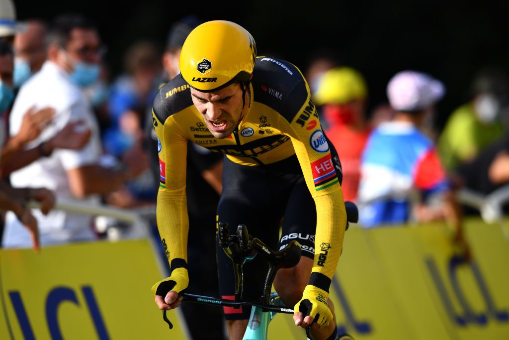 LA PLANCHE FRANCE SEPTEMBER 19 Tom Dumoulin of The Netherlands and Team Jumbo Visma during the 107th Tour de France 2020 Stage 20 a 362km Individual Time Trial stage from Lure to La Planche Des Belles Filles 1035m ITT TDF2020 LeTour on September 19 2020 in La Planche France Photo by Stuart FranklinGetty Images