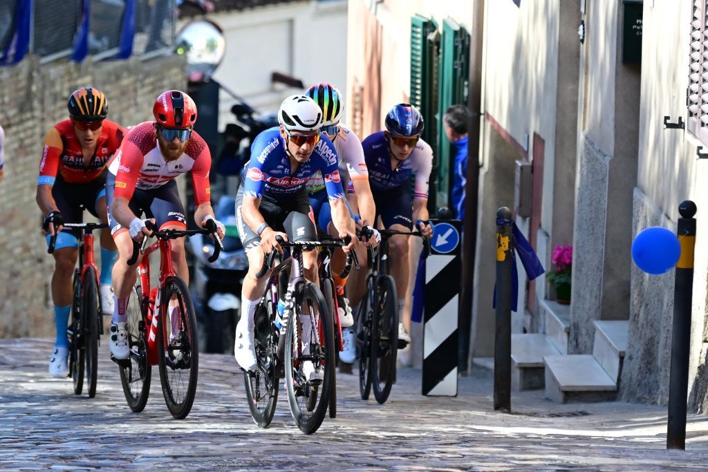 US Quinn Simmons of TrekSegafredo and Belgian Gianni Vermeersch of AlpecinDeceuninck pictured in action during stage 6 of the TirrenoAdriatico cycling race 194 km from Osimo Stazione to Osimo in Italy Saturday 11 March 2023BELGA PHOTO DIRK WAEM Photo by DIRK WAEM BELGA MAG Belga via AFP Photo by DIRK WAEMBELGA MAGAFP via Getty Images