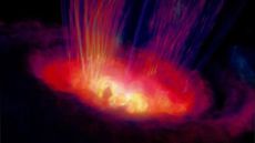 An illustration shows a young low mass T.Tauri star surrounded by material and blasting out gamma rays.