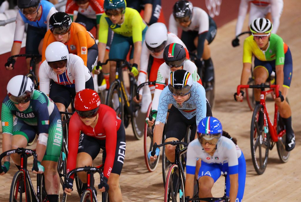 IZU JAPAN AUGUST 08 LR Jennifer Valente of Team United States and Lotte Kopecky of Team Belgium compete during the Womens Omnium tempo race 2 round of 4 of the track cycling on day sixteen of the Tokyo 2020 Olympic Games at Izu Velodrome on August 08 2021 in Izu Shizuoka Japan Photo by Tim de WaeleGetty Images