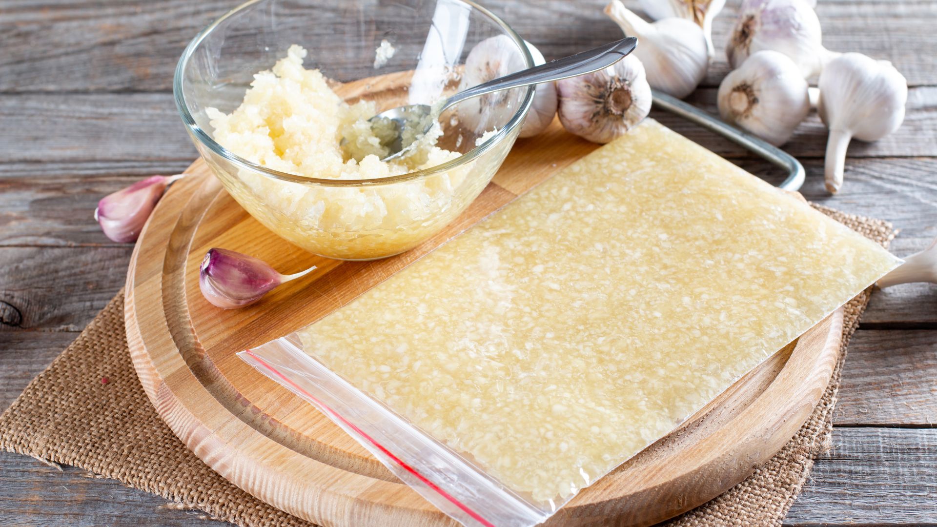 A ziplock bag filled with minced garlic
