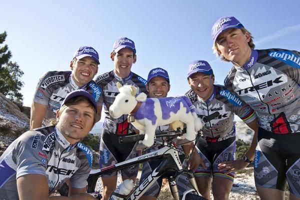 The Trek Brentjens Mountain Bike Team is presented by Milka for 2010. The team's lilac-spotted uniforms show off their new sponsor.