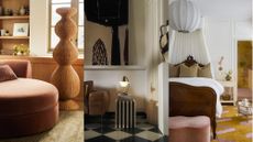 From left to right: A vignette of a blush-toned circular armchair sitting alongside a sculputrual woven wicker floor lamp, a black-and-white checkerboard-floored living room featuring a striped accent table and tiered table lamp, and a canopy bedroom with a floating spherical lantern-style pendant light hanging from above