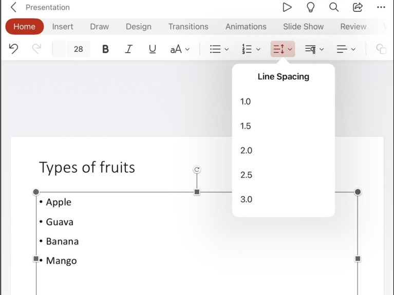 Line spacing option within PowerPoint for iPad