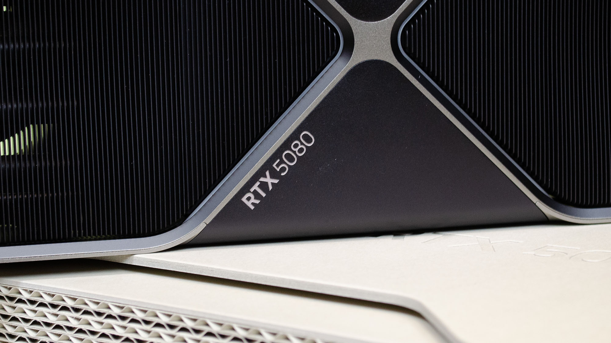 A close up of the RTX 5080 logo on the Nvidia RTX 5080