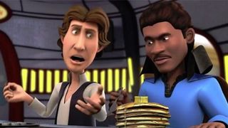 Scene from the animated T.V. show Star Wars: Detours. Here we see Han Solo and Lando Calrissian sitting in a dinner enjoying a stack of pancakes.