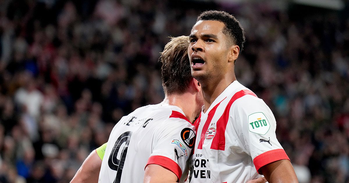 Arsenal target Cody Gakpo celebrates 2-0 with Luuk de Jong of PSV during the UEFA Europa League match between PSV v Arsenal at the Philips Stadium on October 27, 2022 in Eindhoven Netherlands