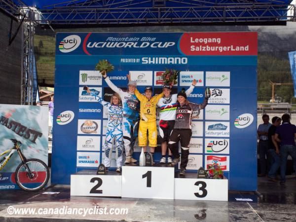 Women's podium (l to r) Myriam Nicole, Rachel Atherton, Floriane Pugin, Tracy Moseley, Sabrina Jonnier