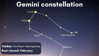 graphic illustration of the gemini constellation with main stars Castor and Pollux labelled.