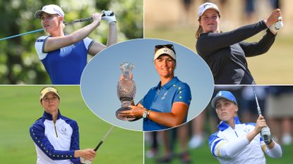 Charley Hull, Lottie Woad, Esther Henseleit and Maja Stark hitting golf shots with Anna Norqvist holding the Solheim Cup in the centre