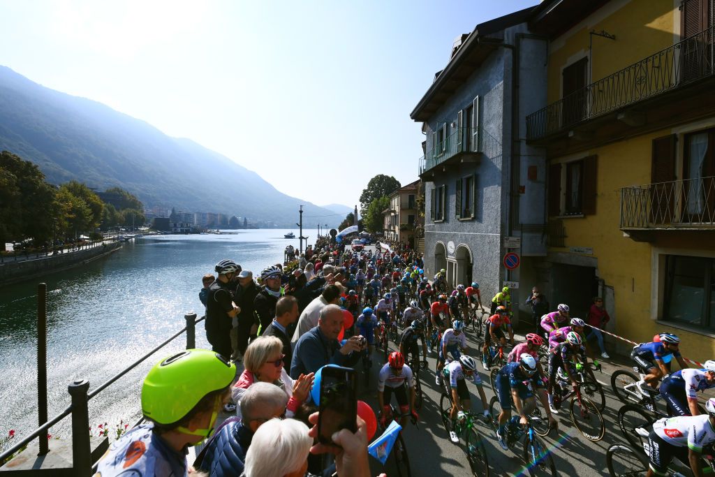 OMEGNA ITALY OCTOBER 06 A general view of the peloton prior to the 106th Gran Piemonte 2022 a 198km one day race from Omegna to Beinasco GranPiemonte on October 06 2022 in Omegna Italy Photo by Tim de WaeleGetty Images