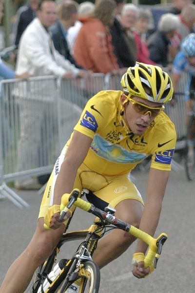 Alberto Contador sits comfortably in the bunch in Emmen.