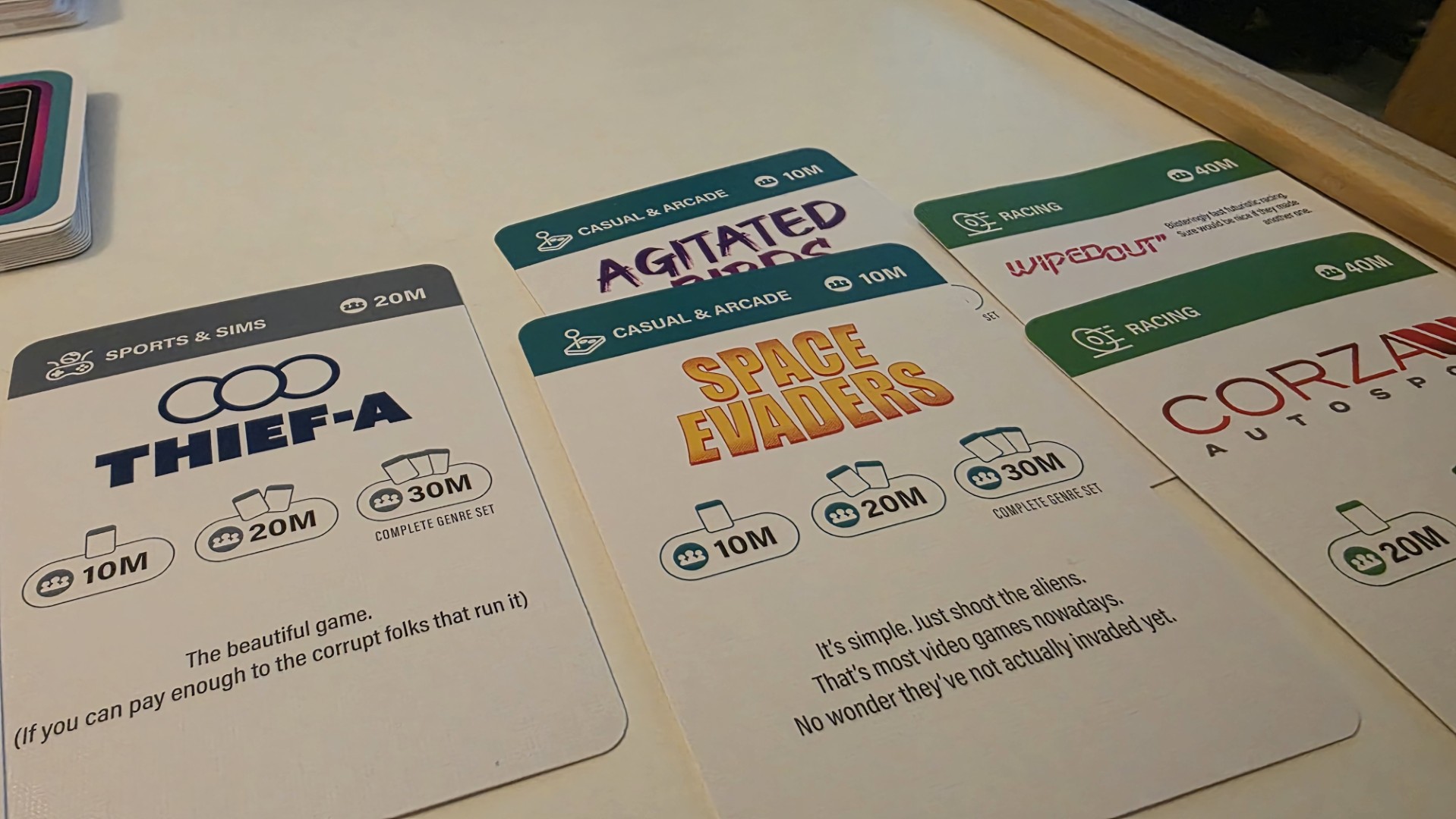 Cards from Console Wars the game laid out on a table during a game