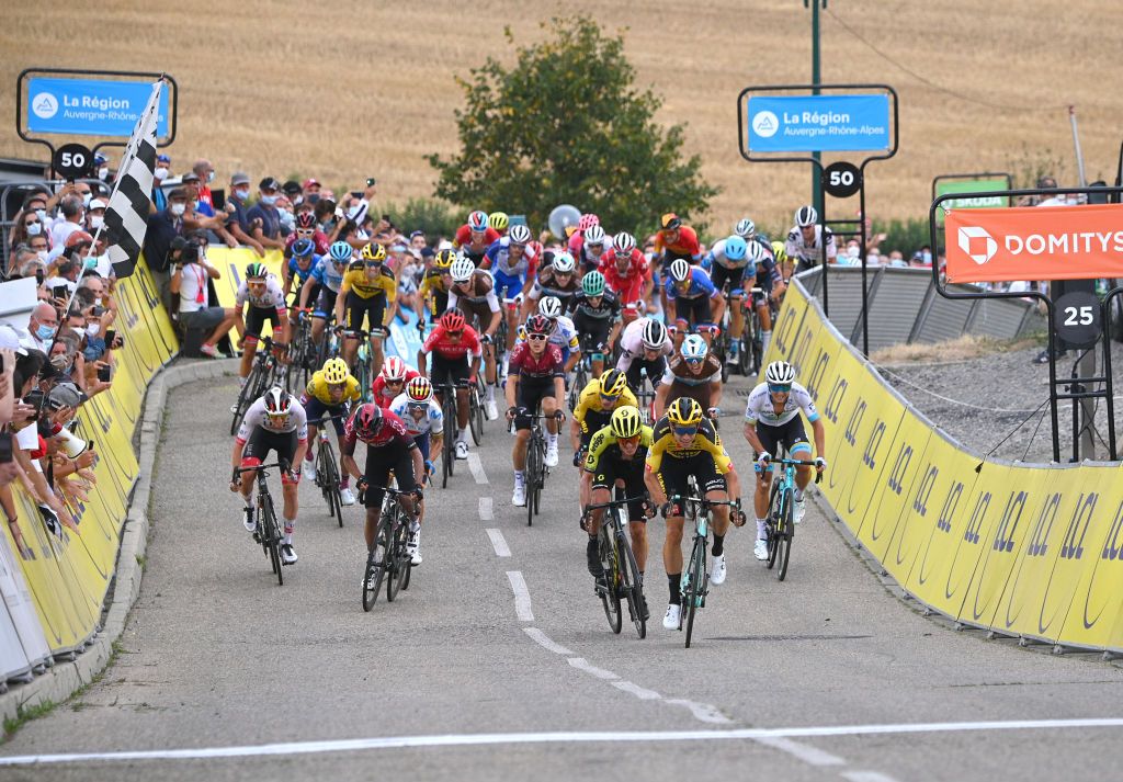 SAINT CHRISTO EN JAREZ FRANCE AUGUST 12 Sprint Arrival Wout Van Aert of Belgium and Team Jumbo Visma Daryl Impey of South Africa and Team Mitchelton Scott Egan Arley Bernal Gomez of Colombia and Team Ineos Alejandro Valverde Belmonte of Spain and Movistar Team Alexey Lutsenko of Kazakhstan and Astana Pro Team Sergio Andres Higuita Garcia of Colombia and Team EF Education First Benoit Cosnefroy of France and Team Ag2R La Mondiale Primoz Roglic of Slovenia and Team Jumbo Visma Peloton during the 72nd Criterium du Dauphine 2020 Stage 1 a 2185km stage from Clermont Ferrand to Saint Christo en Jarez 752m dauphine Dauphin on August 12 2020 in Saint Christo en Jarez France Photo by AnneChristine Poujoulat PoolGetty Images