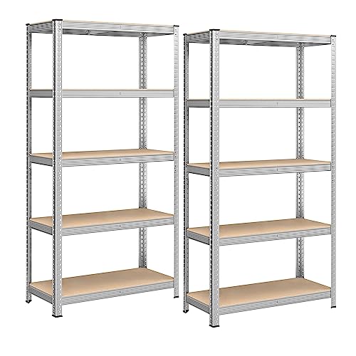 Songmics 5-Tier Heavy-Duty Shelving Units, Set of 2 Steel Shelving Units for Storage, Boltless Assembly, for Garage, Shed, Load Capacity 875 Kg, 40 X 90 X 180 Cm, Silver Glr040e02