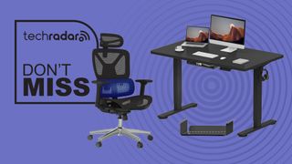 A FlexiSpot ErgoX office chair and E1 Plus standing desk on a purple background next to a TechRadar badge that reads 'Don't Miss'