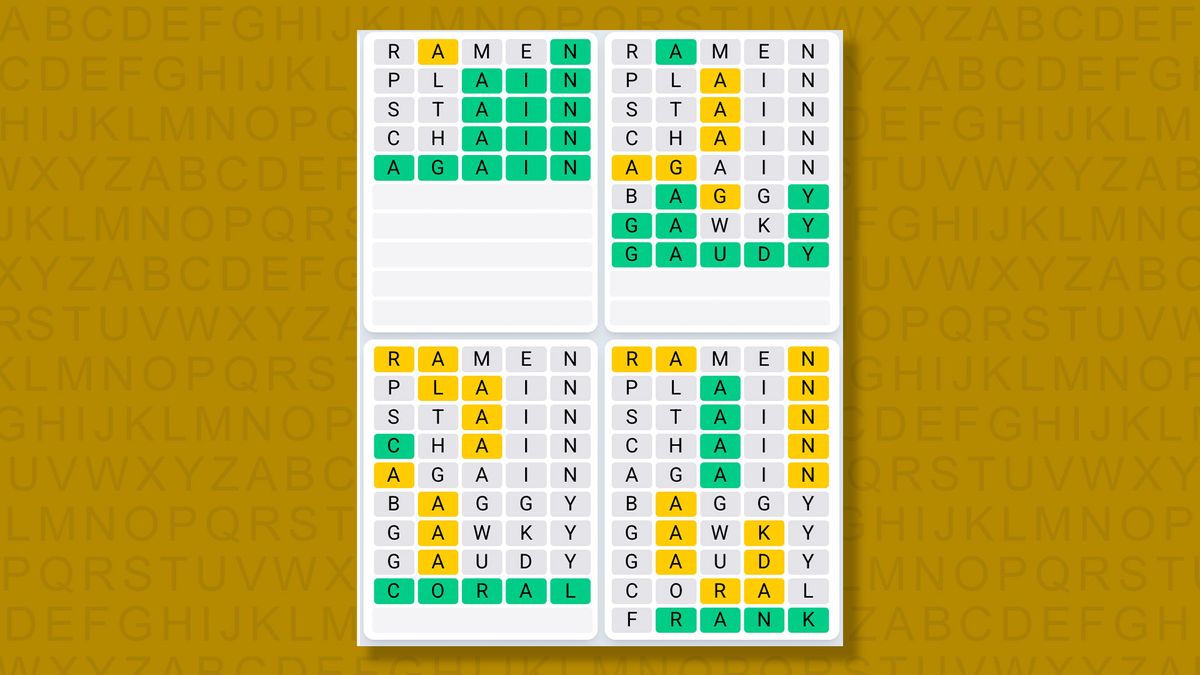 Quordle Daily Sequence answers for game 1568 on a yellow background