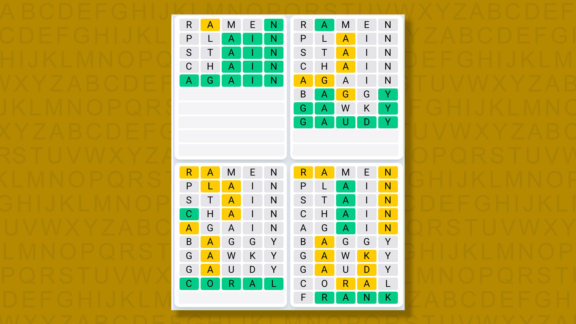 Quordle Daily Sequence answers for game 1568 on a yellow background