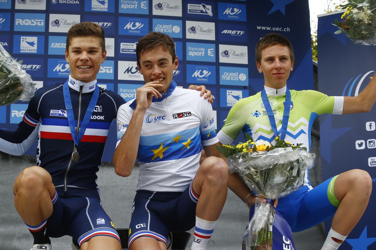 The podium of Malle, Jeanniere, and Pogacar in Plumelec