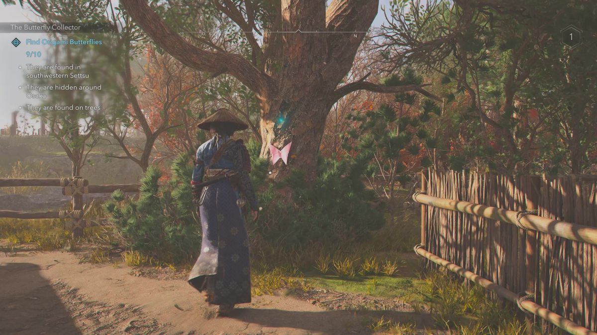 Assassin's Creed Shadows Butterfly Collector locations - The tenth butterfly on a tree partially obscured by a bush.