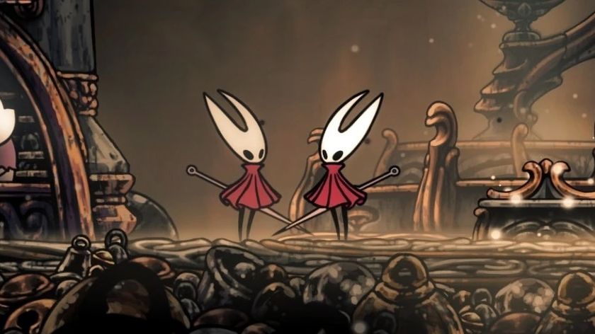 Two Hornets stand face-to-face in Silksong.