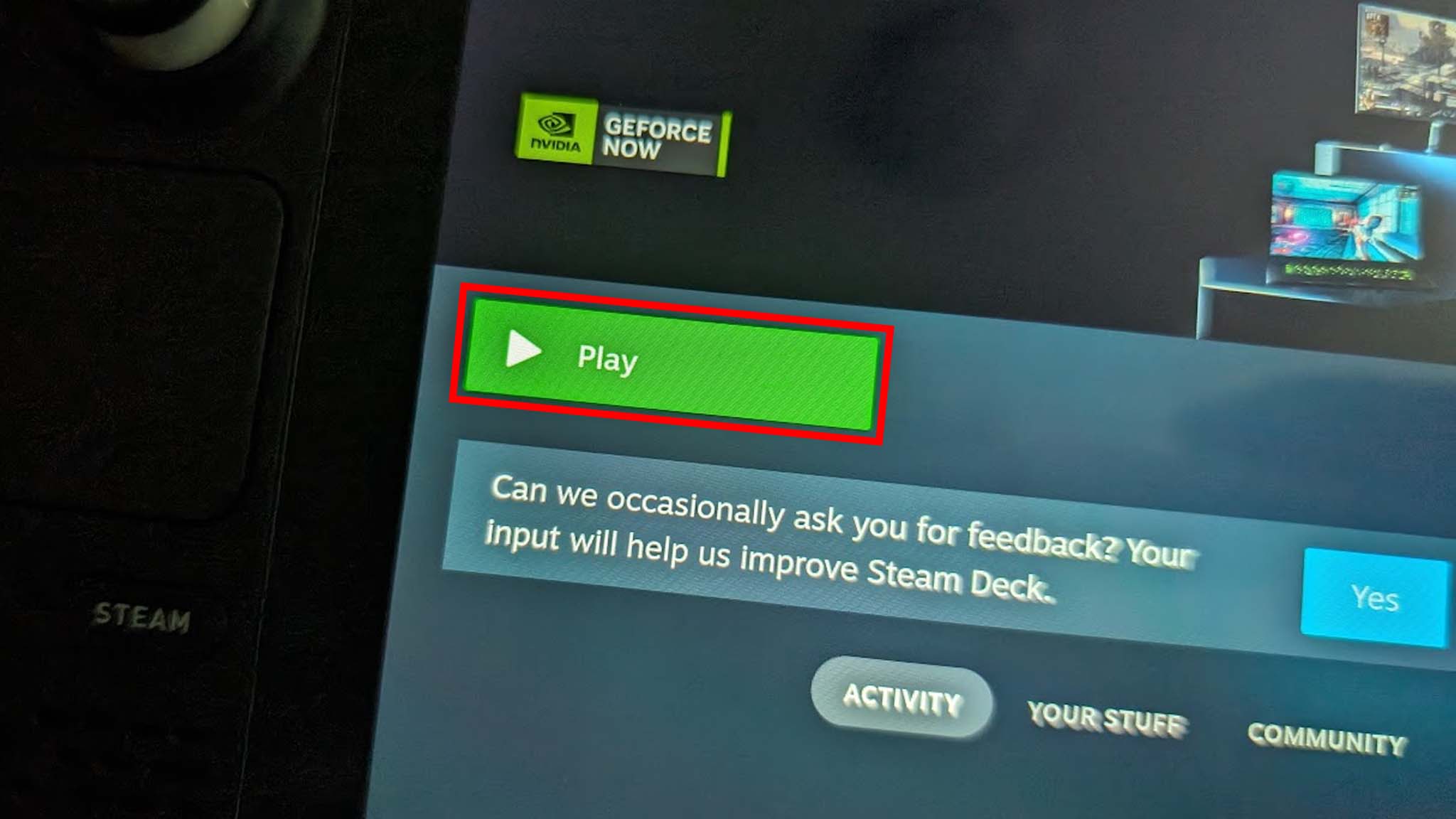 NVIDIA GeForce NOW on Steam Deck: Select Play.