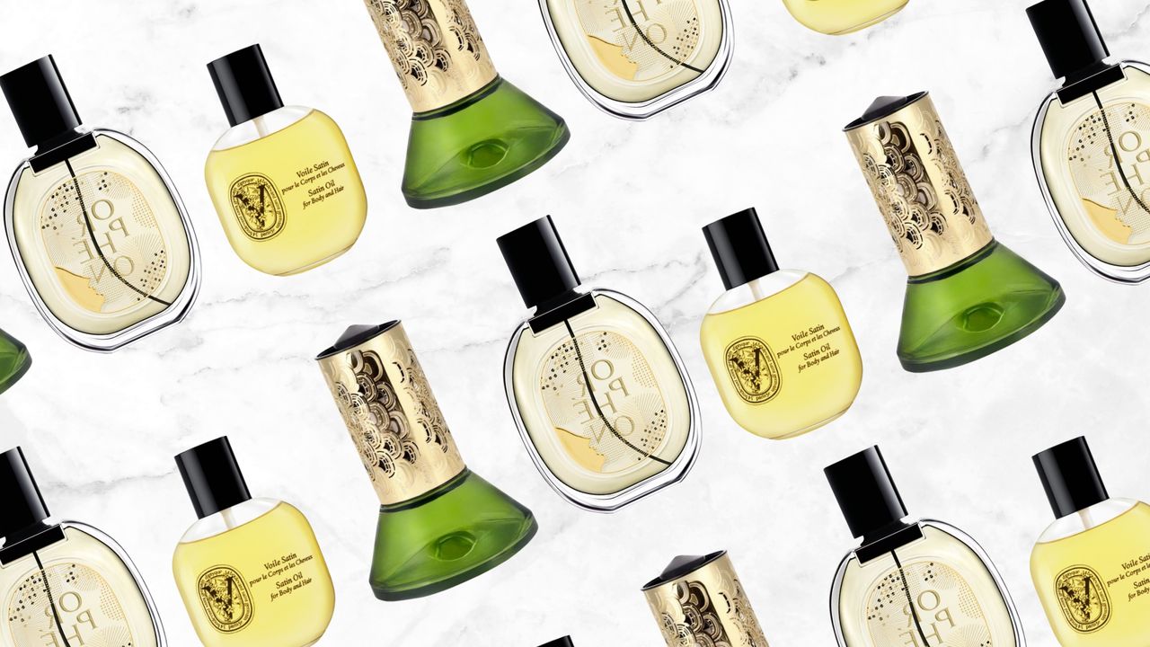 A collage of Diptyque products, including the Orpheon eau de parfum, Satin body oil and Figuier Hourglass Diffuser, arranged in a diagonal line pattern, on a white and grey marble-effect template