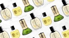 A collage of Diptyque products, including the Orpheon eau de parfum, Satin body oil and Figuier Hourglass Diffuser, arranged in a diagonal line pattern, on a white and grey marble-effect template