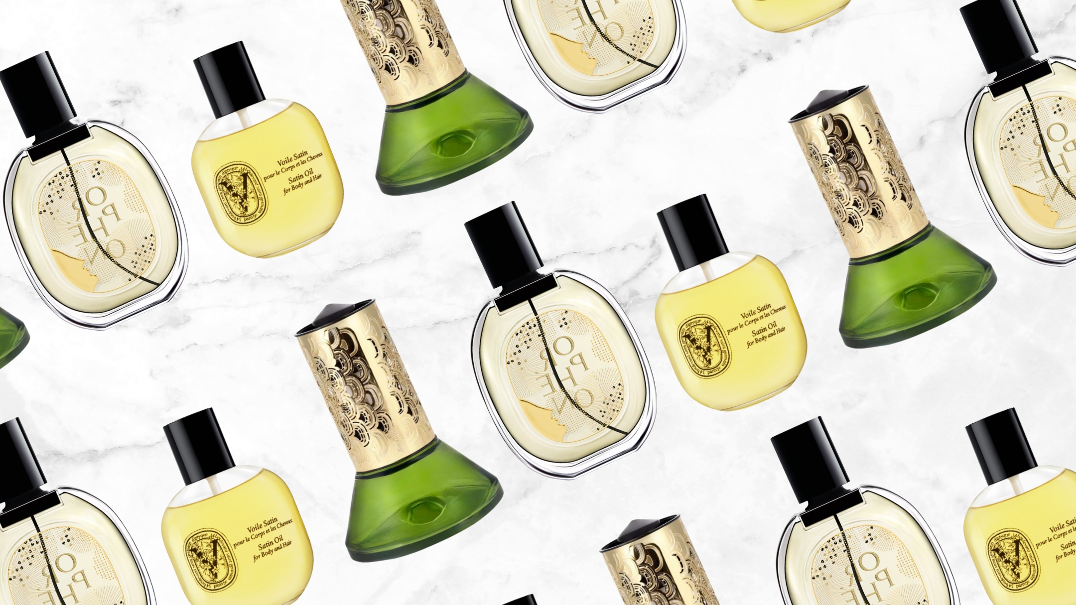 A collage of Diptyque products, including the Orpheon eau de parfum, Satin body oil and Figuier Hourglass Diffuser, arranged in a diagonal line pattern, on a white and grey marble-effect template