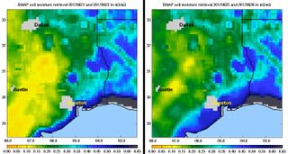 NASA's Soil Moisture Active Passive (SMAP) satellite observations in southeastern Texas on Aug. 21 and 22 (left) and Aug. 25 and 26 (right). The image shows surface soil moisture, which increased significantly with the arrival of heavy rains and widespread flooding.