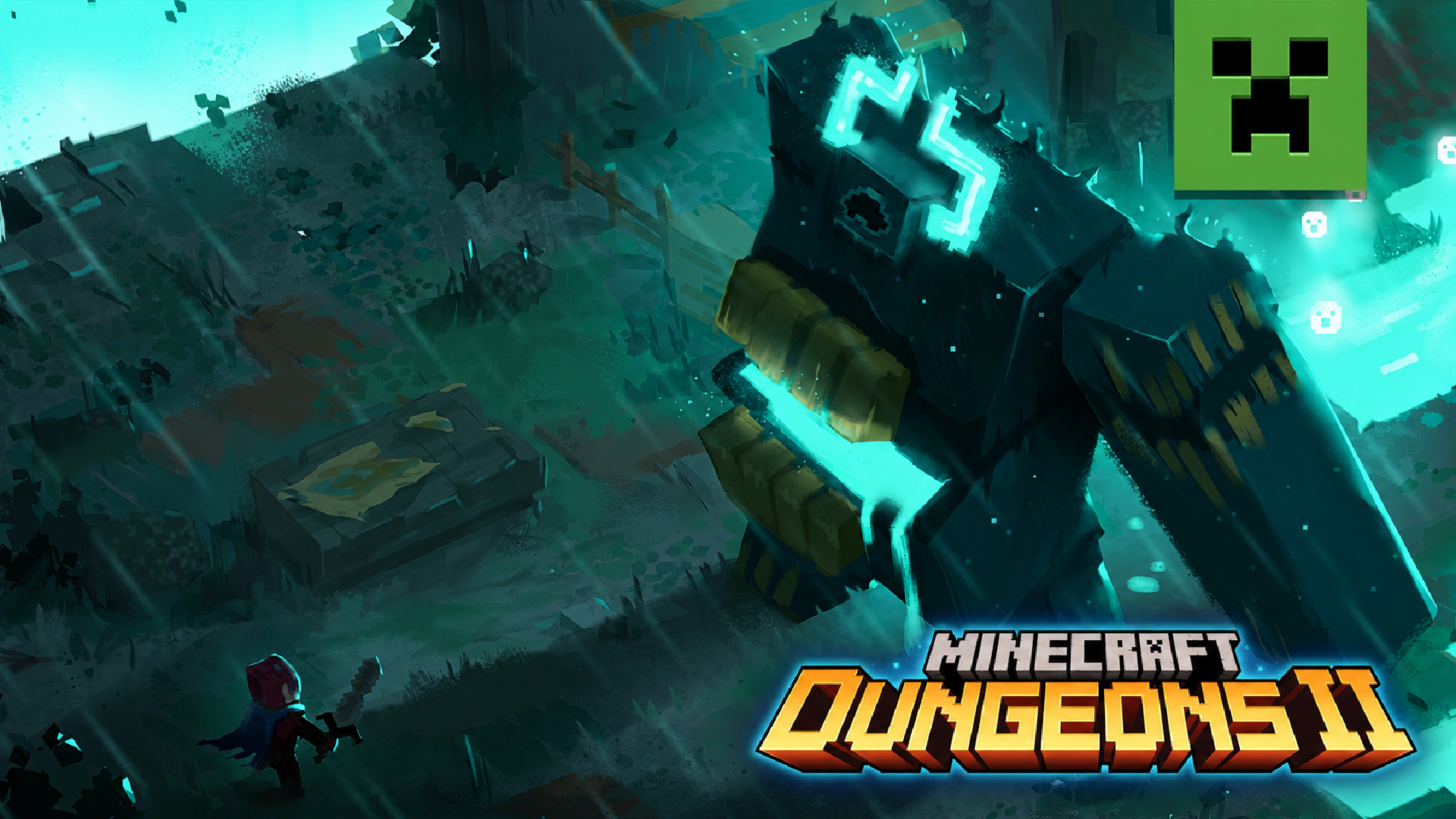 Minecraft Dungeons 2 artwork showing a lone adventurer facing a towering glowing monster in a dark, mysterious landscape, with the game's logo displayed in the foreground.