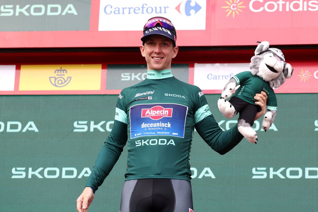 BEJES SPAIN SEPTEMBER 12 Kaden Groves of Australia and Team AlpecinDeceuninck Green Points Jersey celebrates at podium during the 78th Tour of Spain 2023 Stage 16 a 1201km stage from Liencres to Bejes 528m UCIWT on September 12 2023 in Bejes Spain Photo by Alexander HassensteinGetty Images