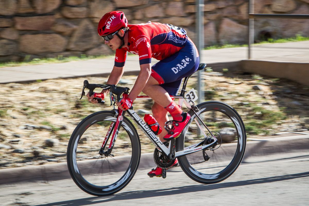 Jordan Kerby (Drapac) tries to sneak off the front with only a couple laps left.