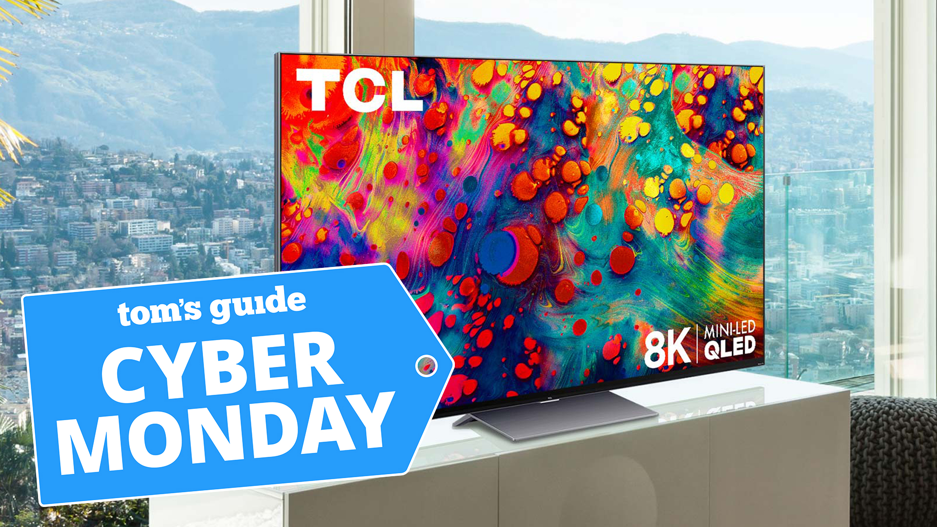 A TCL TV with a logo reading Cyber Monday TV deals